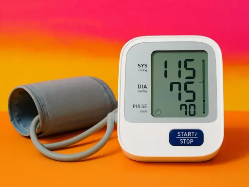 Sfigmomanometro digitale mostra 115/75 mmHg e 70 bpm, valori ideali per la pressione ottimale donna.