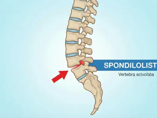 Illustrazione della spondilolistesi, con una vertebra lombare scivolata in avanti. Potrebbe causare sintomi neurologici.