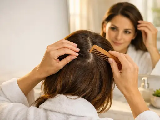 Donna si pettina i capelli, cercando sollievo dal prurito al collo. Riflessa nello specchio, si tocca la testa con preoccupazione.