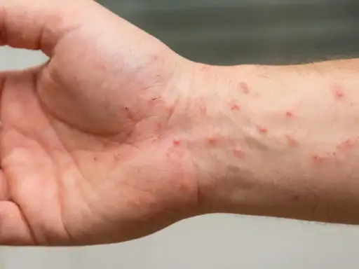 Pelle arrossata e irritata sul polso, con piccole pustole e graffi, sintomi di dermatiti da acaro.