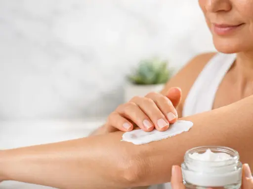 Donna applica crema idratante sul braccio per alleviare il prurito sine materia.