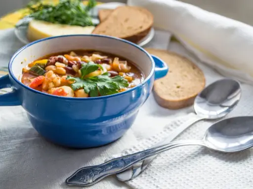 Zuppa nutriente, ideale per una dieta per anziani over 90. Servita in ciotola blu con pane integrale e erbe fresche.