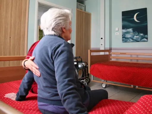 Anziana in stanza, forse affetta da sindrome da ospedalizzazione, con un'altra persona che le appoggia una mano sulla spalla. Sulla parete un quadro con luna e nuvole.
