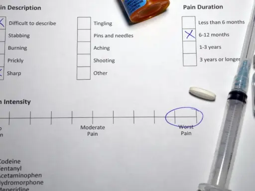 Questionario McGill Pain Questionnaire: dolore acuto, da 6-12 mesi, intensità peggiore. Siringa e pillola vicine.