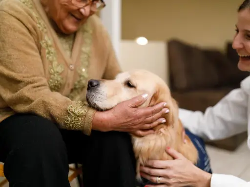 Un golden retriever coccolato da un'anziana e una volontaria. Momenti di gioia e conforto nella pet therapy anziani.