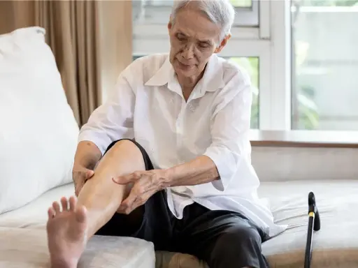 Anziano con gambe gonfie cerca rimedi, massaggiando la caviglia.