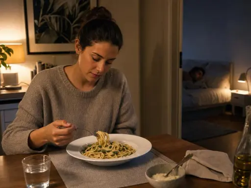 Donna mangia pasta con verdure, un modo gustoso per condire la pasta per chi soffre di reflusso.