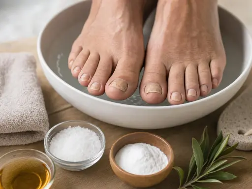 Piedi in ammollo per ammorbidire le unghie dei piedi senza acqua. Ingredienti naturali per un trattamento casalingo.