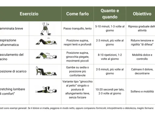 Tabella con esercizi schiena: camminata, respirazione diaframmatica, basculamento bacino, posizione scarico, stretching lombare.
