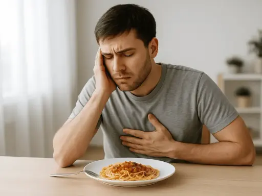 Uomo con mal di testa e dolore al petto, forse per sudare dopo mangiato. Piatto di spaghetti sul tavolo.