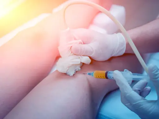 Mano con guanto in lattice esegue iniezione di plasma nel ginocchio, guidata da ecografo. Nonostante il fastidio, fa male togliere il liquido dal ginocchio.