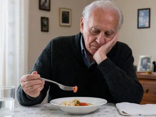 Anziano che non mangia quanto dura, con il cibo nel piatto e un bicchiere d'acqua.