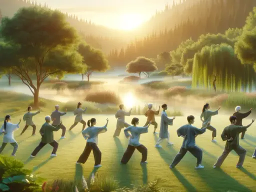 Gruppo di persone pratica Tai Chi in un paesaggio sereno. Sebbene il Tai Chi abbia pochi tai chi controindicazioni, è sempre bene consultare un medico.
