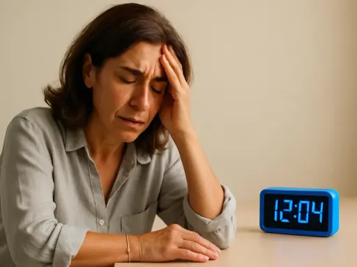 Donna con mano sulla fronte, espressione di sofferenza e senso di instabilità e sbandamento. Orologio digitale segna 12:04.