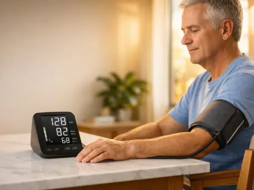 Uomo anziano misura la pressione, monitor mostra valori. Gestire l'ipertensione emotiva è importante per il benessere.