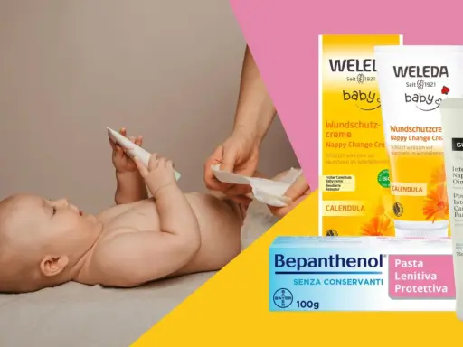Bambino con pannolino e creme per la dermatite da pannolino quale crema usare: Weleda, Suavinex e Bepanthenol.
