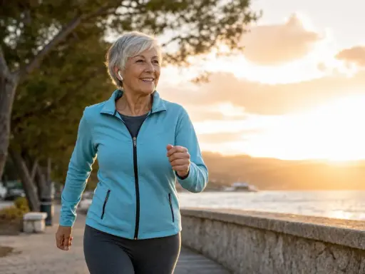 Donna sorridente corre al tramonto sul lungomare. A 70 anni meglio correre o camminare? Lei sceglie la corsa, godendosi la brezza marina.
