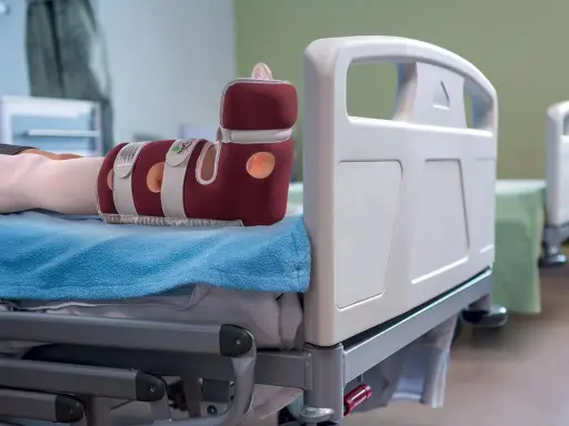 Piede con tutore per prevenire la piaga da decubito sul tallone, appoggiato su un letto ospedaliero.