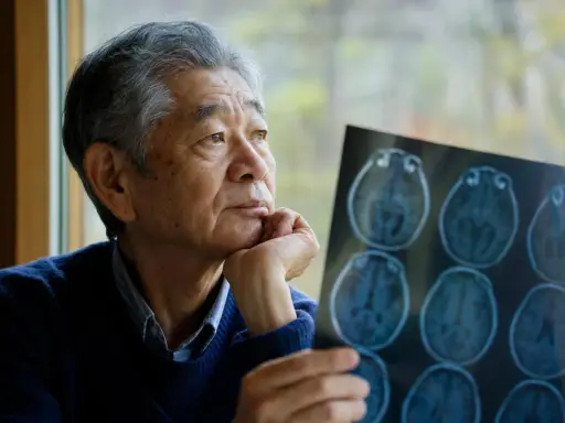 Uomo anziano con scansione cerebrale, riflette sulla possibilità che l'alzheimer sia ereditario.