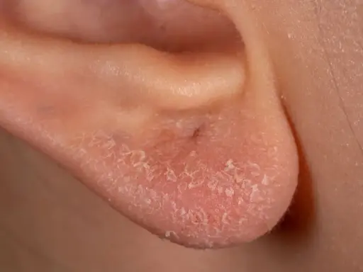Orecchio con pelle arrossata e desquamata, sintomo di una possibile allergia al nichel.