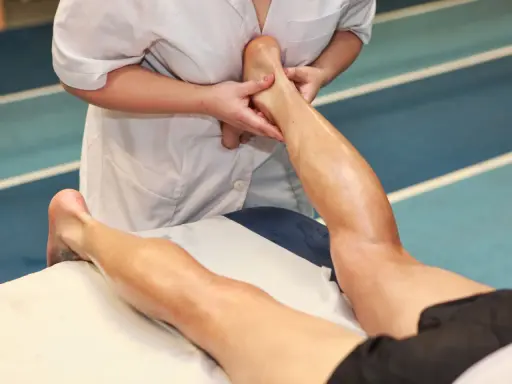 Mani esperte eseguono un massaggio trasverso profondo alla caviglia e al polpaccio di un atleta, alleviando la tensione muscolare.