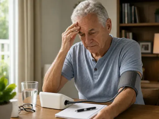 Uomo anziano preoccupato controlla la pressione a 60 anni, con misuratore, bicchiere d'acqua e appunti sul tavolo.
