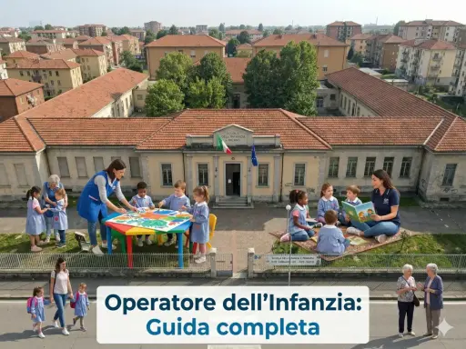 Un operatore generico di assistenza guida i bambini in attività creative e di lettura all'esterno di una scuola dell'infanzia a Milano.