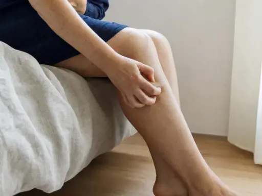 Donna seduta sul letto si gratta la gamba, soffrendo di prurito alle anche.