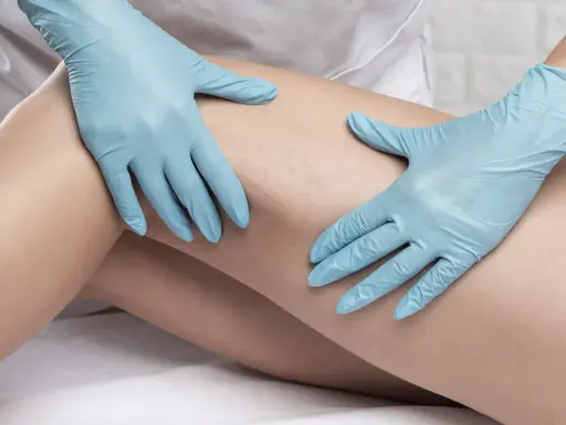 Mani guantate esaminano una gamba con vene visibili, un approccio delicato per uno strano trucco contro le vene varicose.