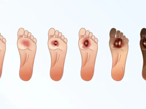 Progressione di ulcere al piede, dalla lieve infiammazione alla necrosi. Immagine illustra come disinfettare le ulcere alle gambe.