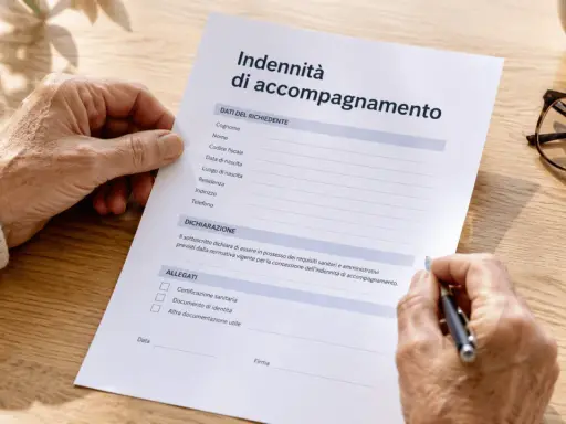 Mani anziane compilano un modulo per l'indennità di accompagnamento, chiedendosi dopo quanto tempo arriva l'assegno.