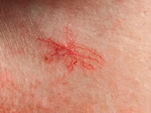 Primo piano di capillari rotti sulla pelle, un segno che i capillari rotti si possono riassorbire.