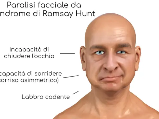 Volto con paralisi facciale da Sindrome di Ramsay Hunt: occhio non chiudibile, sorriso asimmetrico e labbro cadente.