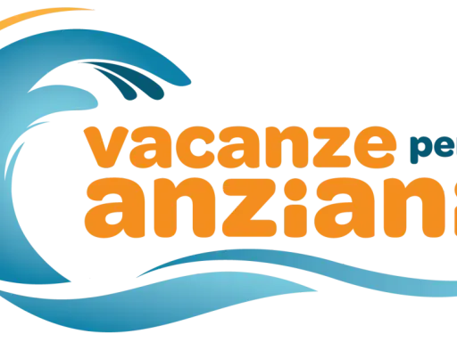Onda blu e arancione con testo "vacanze per anziani". Ideale per chi cerca benessere e relax.