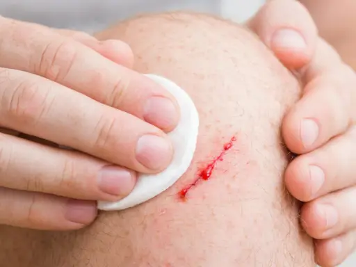 Mano che pulisce una ferita sanguinante sul ginocchio, segno di pelle che si lacera facilmente.
