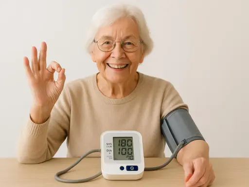 Donna anziana sorride, facendo OK con la mano, mentre controlla la pressione. Il misuratore indica 180/100.