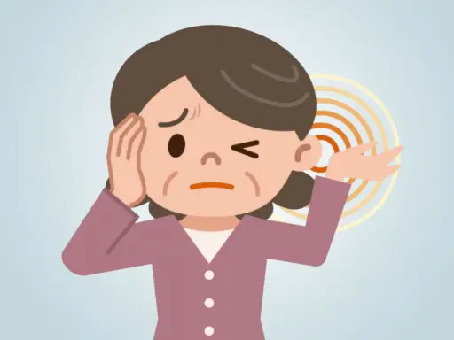 Donna con espressione sofferente, si tocca l'orecchio sinistro, dove si notano onde concentriche che indicano un fischio orecchio.