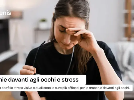 Donna con occhiali in mano si strofina gli occhi, forse a causa di macchie davanti agli occhi e stress. Scopri di più.