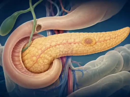 Pancreas con un tumore, che produce enzimi pancreatici. Vicino al duodeno e alla cistifellea.
