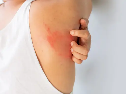 Un'eruzione cutanea rossa e pruriginosa sulla spalla, che fa sudare dietro la nuca per il disagio.