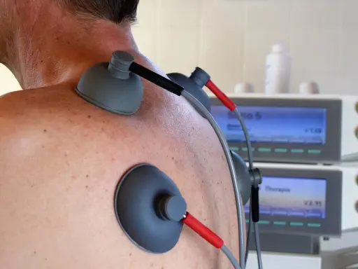 Elettrodi applicati sulla schiena per terapia, forse per alleviare il prurito alla schiena. Rimedi moderni per il benessere.