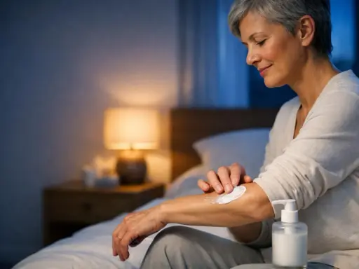 Donna anziana applica crema sul braccio per alleviare insonnia e prurito notturno.