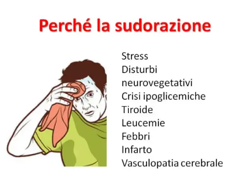 Uomo sudato con panno, preoccupato per la sudorazione improvvisa e debolezza, causate da stress, disturbi neurovegetativi, crisi ipoglicemiche, tiroide, leucemie, febbri, infarto, vasculopatia cerebrale.