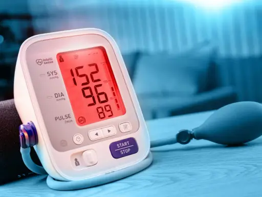 Misuratore di pressione con valori 152/96, un po' alti rispetto a una pressione 135/85.