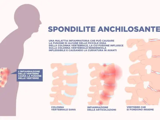 Spondilite anchilosante: infiammazione vertebrale che causa fusione ossea, rendendo la colonna rigida e curva in avanti.