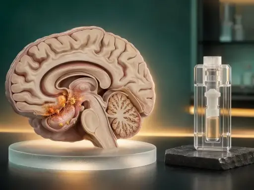 Sezione di cervello con segni di Alzheimer e provetta. Ricerca sui quali esami del sangue per Alzheimer.