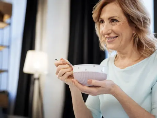 Donna sorride mentre mangia una zuppa cremosa, un esempio di cosa mangiare con disfagia.