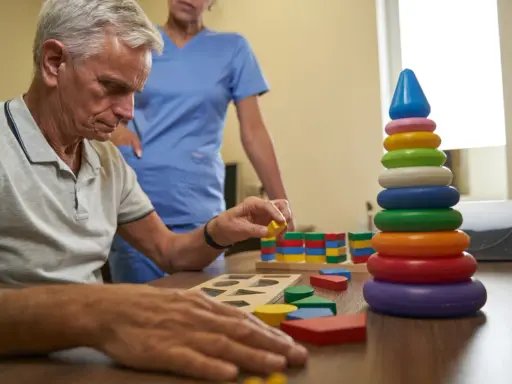 Esempi di terapia occupazionale anziani: un uomo anziano gioca con blocchi colorati, aiutato da un'infermiera.