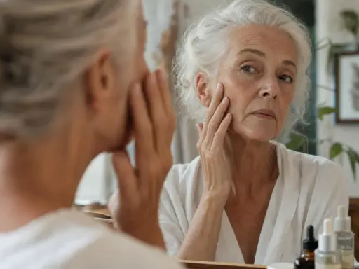 Donna anziana si tocca il viso, notando la pelle avvizzita a 65 anni. Riflessione nello specchio.