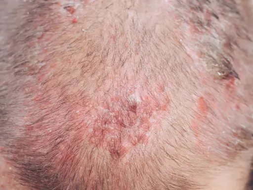 Primo piano del cuoio capelluto con arrossamenti e croste, tipici di condizioni cutanee che possono colpire gli anziani.